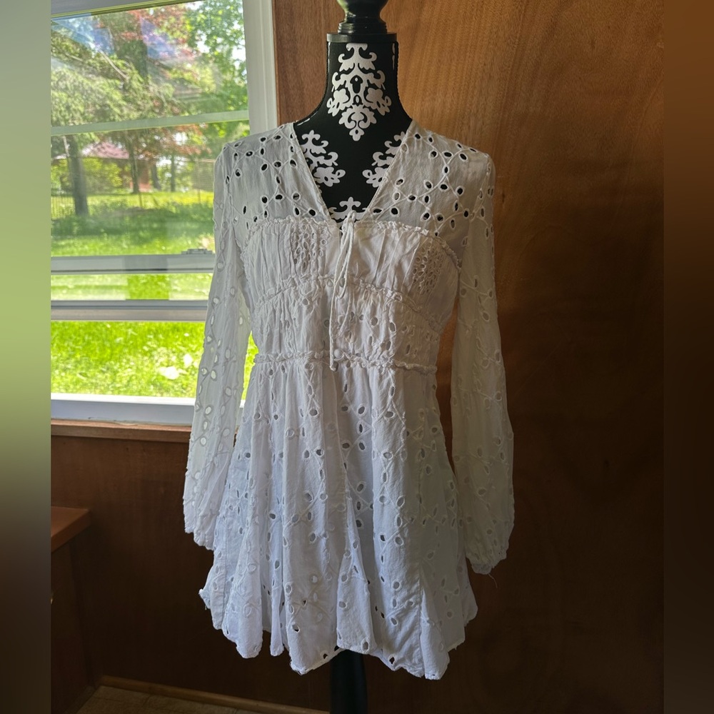 Zara White Eyelet Tie-Neck Mini Dress